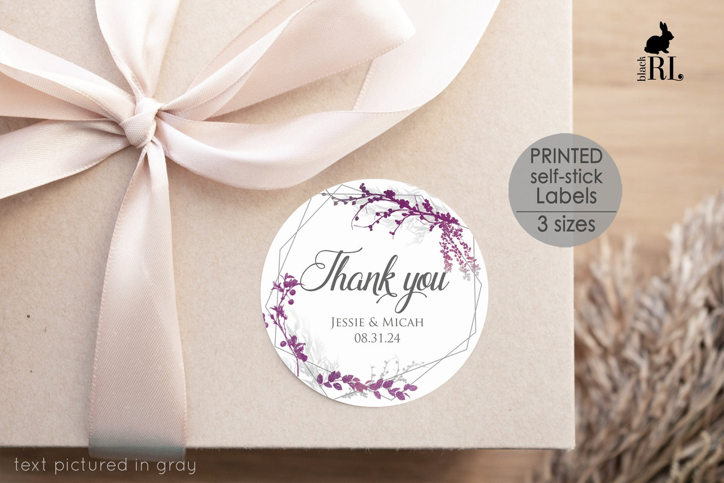 Printed Round Labels in 3 Sizes / Purple Flowers in Silver Geometric Frame  - PX19