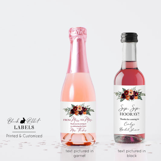 Printed Mini Wine or Mini Champagne Bottle Labels / Fall Flowers with Ferns / FL21