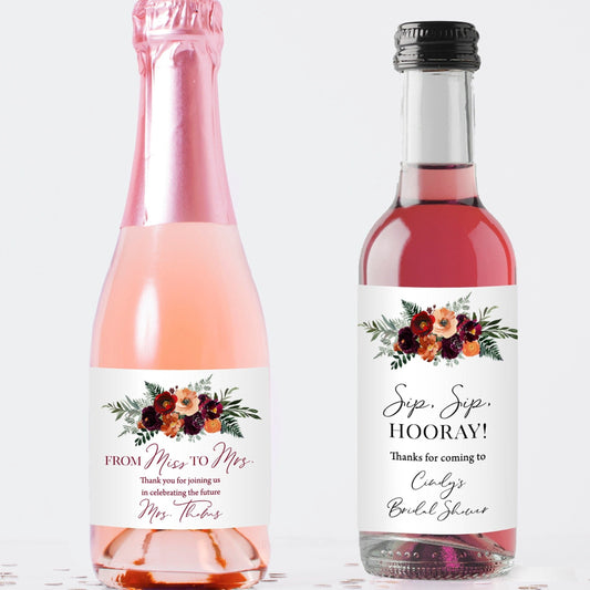 Printed Mini Wine or Mini Champagne Bottle Labels / Fall Flowers with Ferns / FL21